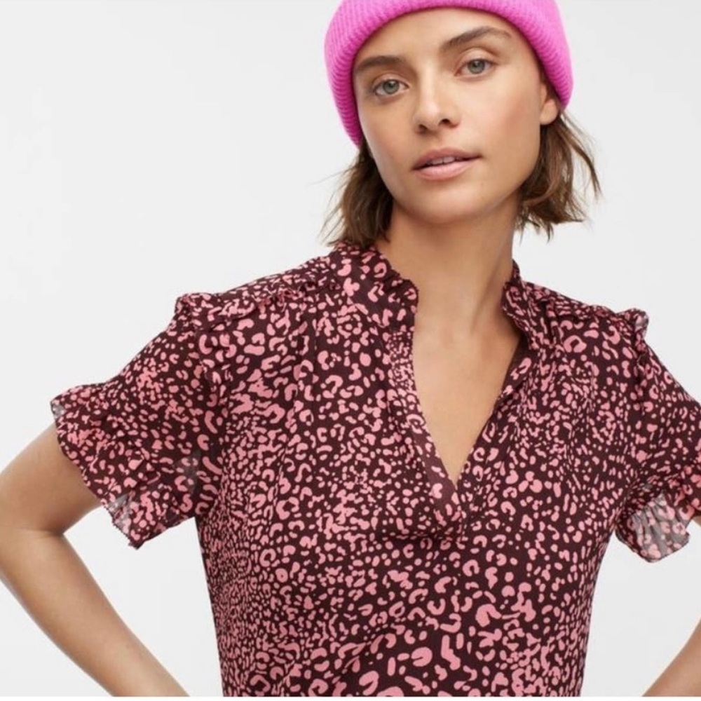 J. Crew Pink and Black Leopard Print Short-Sleeve Blouse
